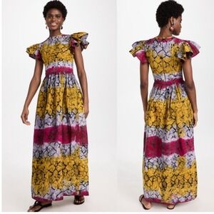 Sika Batik Color Blocking Maxi Dress Flutter Sleeve Yellow Pink Gray Size 6 Boho